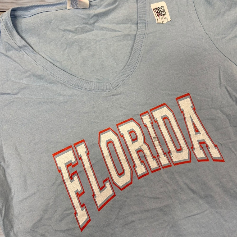 NEW Florida Graphic T-Shirt Womens S Blue V-Neck Short Sleeve Casual Top‎ Tee